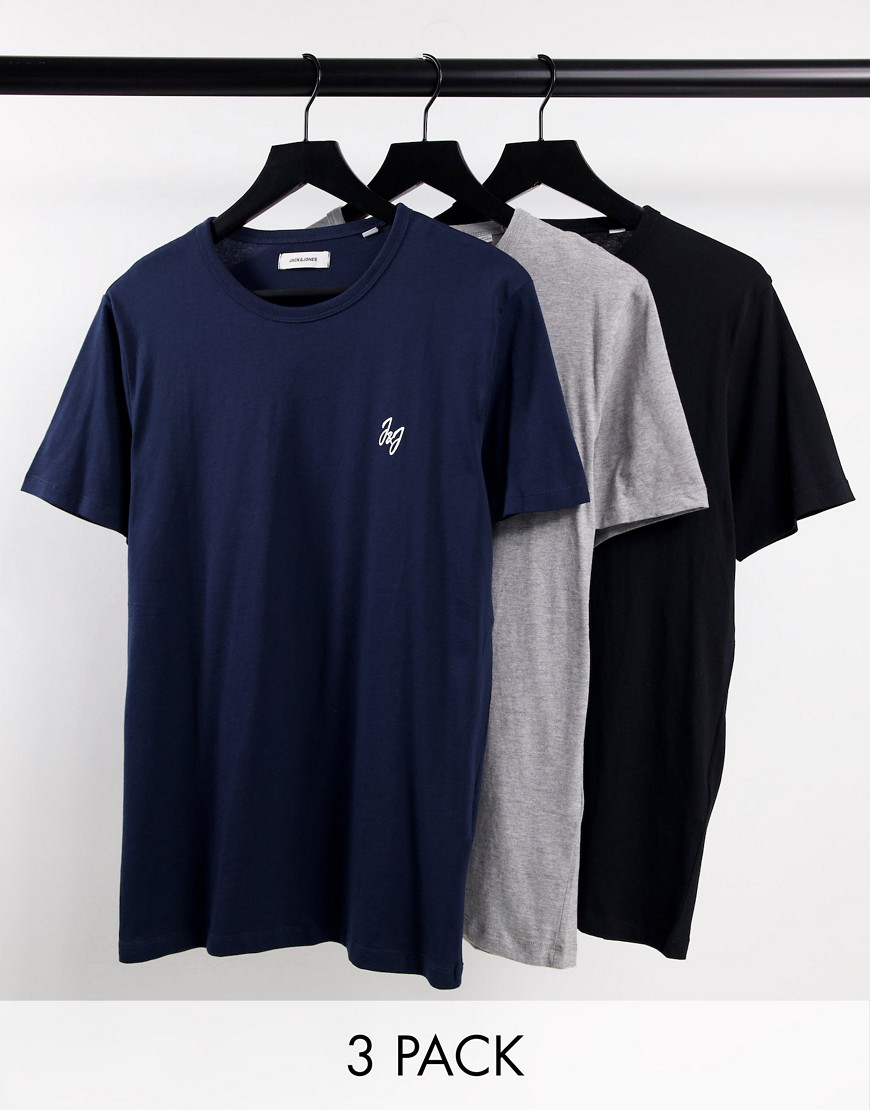 Jack & Jones – 3er-Pack Lounge-T-Shirts in Schwarz,, Marineblau und Hellgrau-Bunt