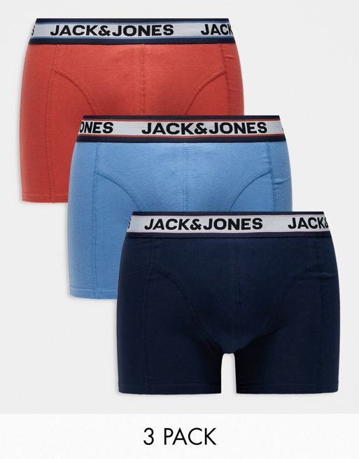 Jack & Jones – 3er-Pack Unterhosen in Blau mit abgesetztem Bund 