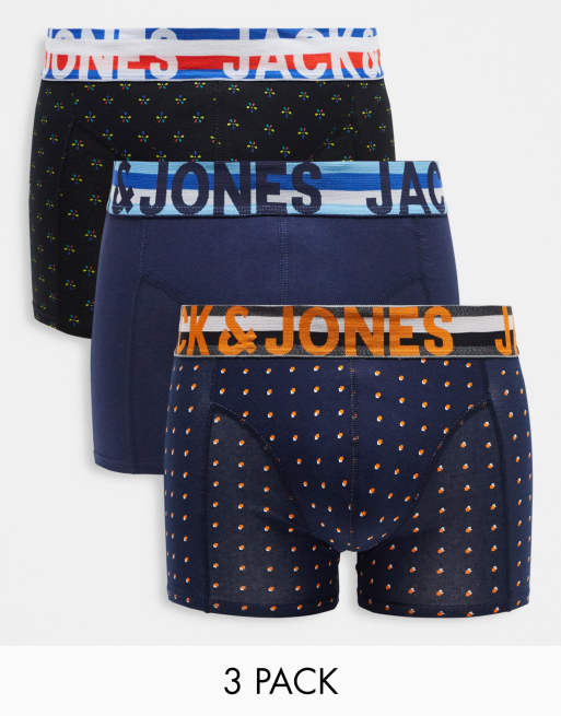 Jack & Jones – 3er-Pack Unterhosen in Marineblau und Schwarz mit punktförmigem und geometrischem Muster 