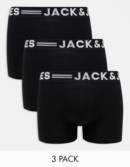 Jack & Jones – 3er-Pack Unterhosen in Schwarz mit schwarzem Bund 