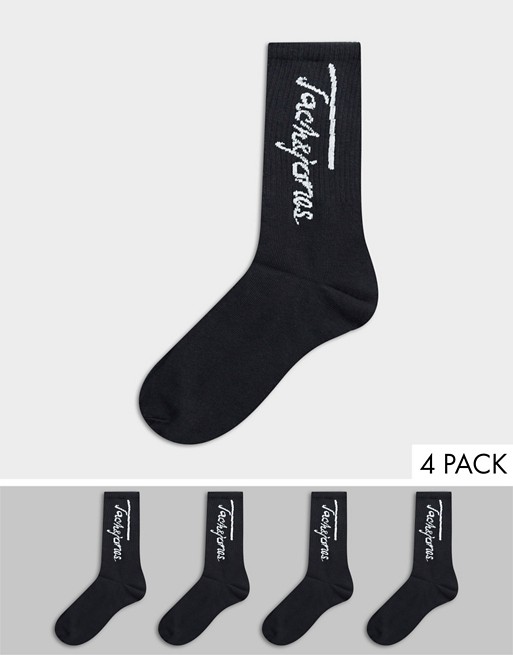 Jack & Jones 4 pack crew socks with logo in black