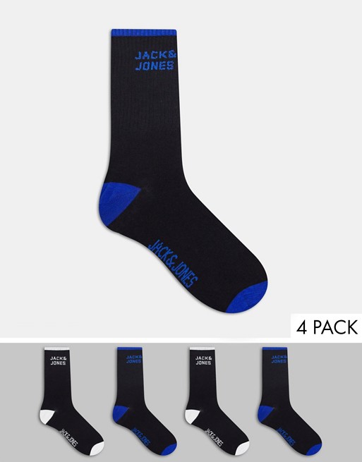 Jack & Jones 4 pack crew socks with logo in blue & white