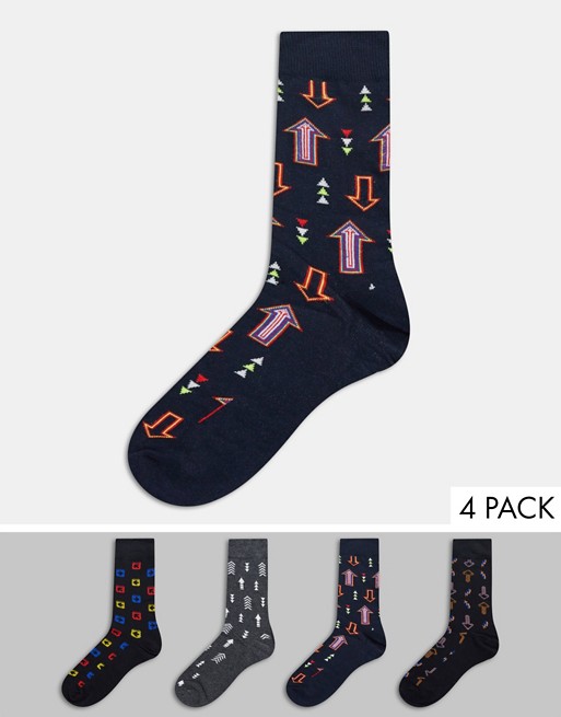 Jack & Jones 4 pack socks with arrow print in navy