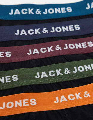Jack & Jones 5 Pack Boxer Briefs With Colored Waistbands-black In Black