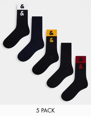 Jack & Jones 5 pack colour block crew socks in navy & black
