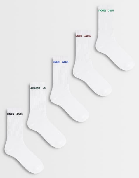 Jack & Jones 5 pack crew socks in white with multicolour logo - view 1