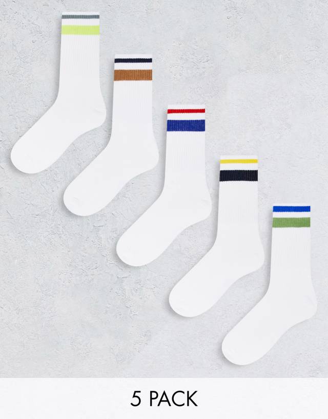 Jack & Jones 5 pack crew socks with color stripe in white