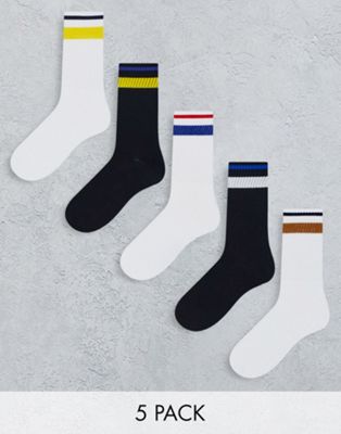 Jack & Jones 5 pack crew socks with colour stripe in white & black  - ASOS Price Checker