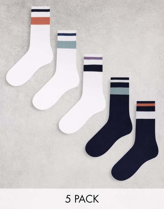 Jack & Jones 5 pack crew socks with stripes in navy and white