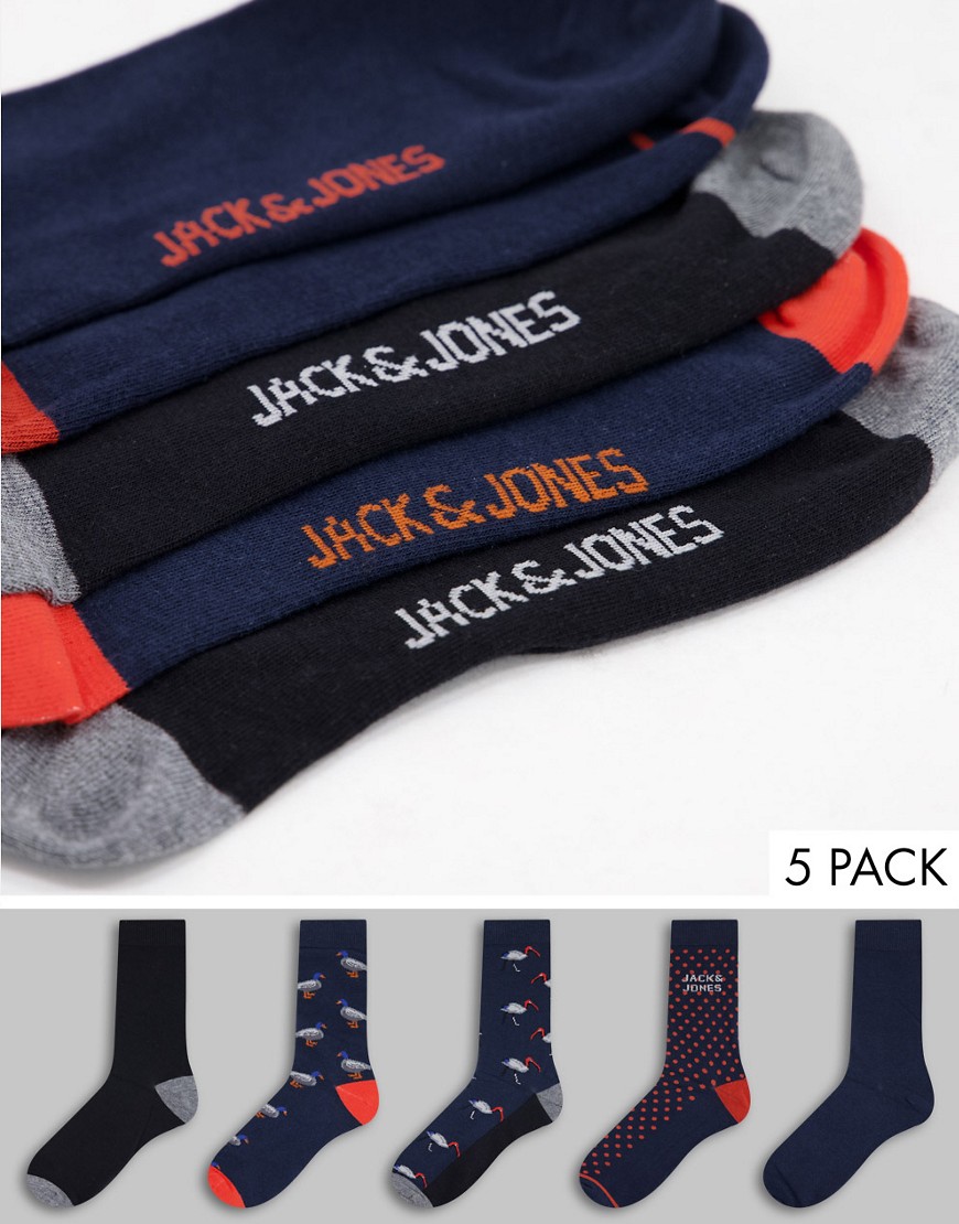 Jack & Jones 5 pack duck print socks in navy