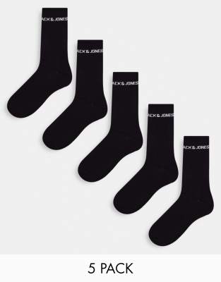 Jack & Jones 5 pack logo sports socks in black