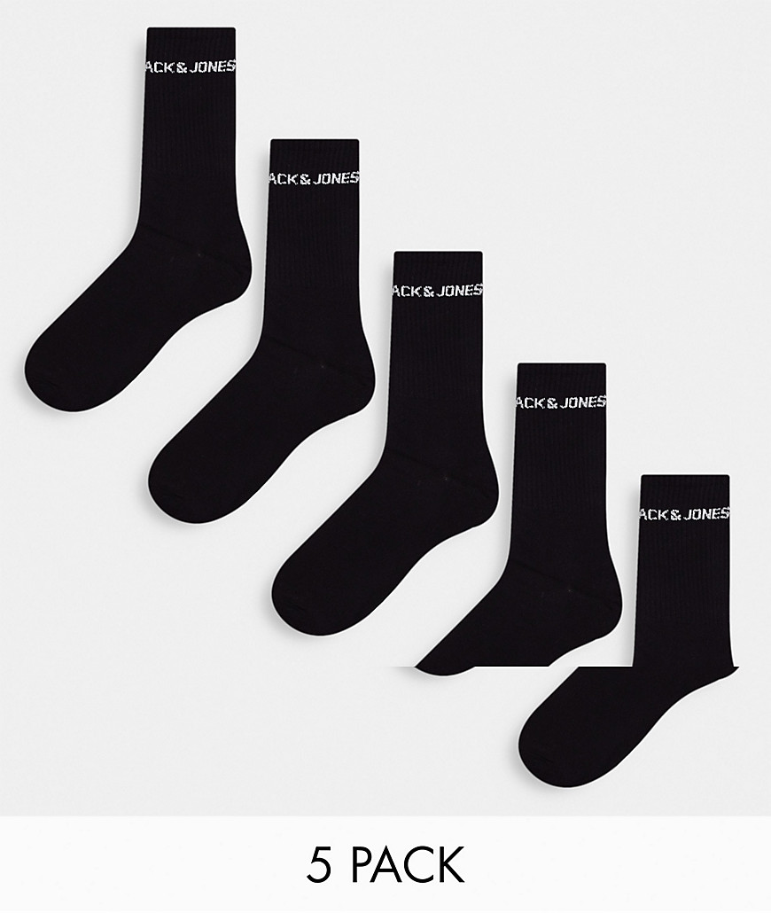 Jack & Jones 5 pack logo sports socks in black