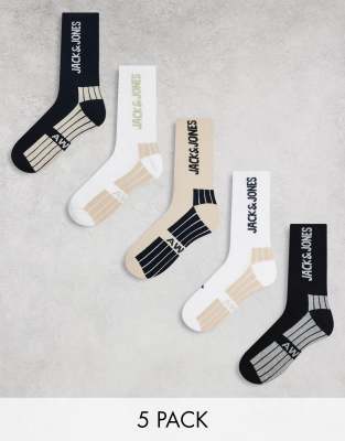 Jack & Jones 5 pack logo sports socks in multi-White