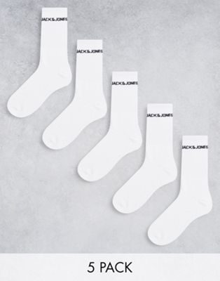 Jack & Jones 5 pack logo sports socks in white