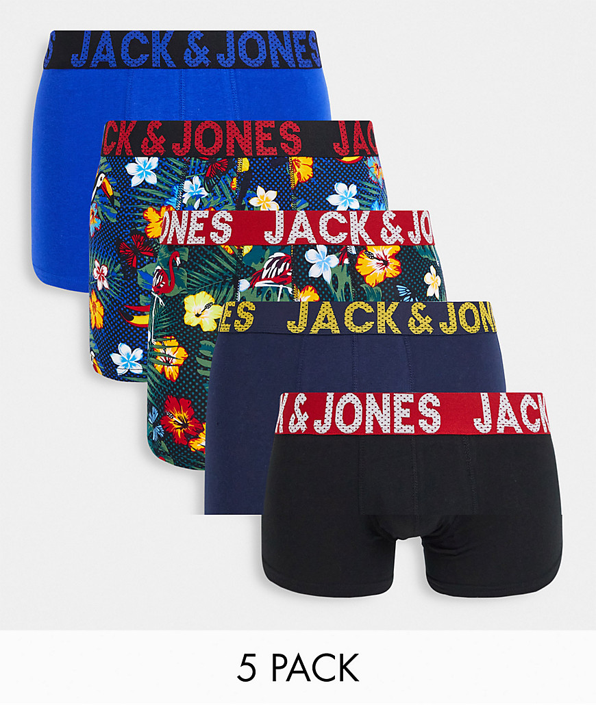 Jack & Jones 5 pack logo trunks in floral print-Black