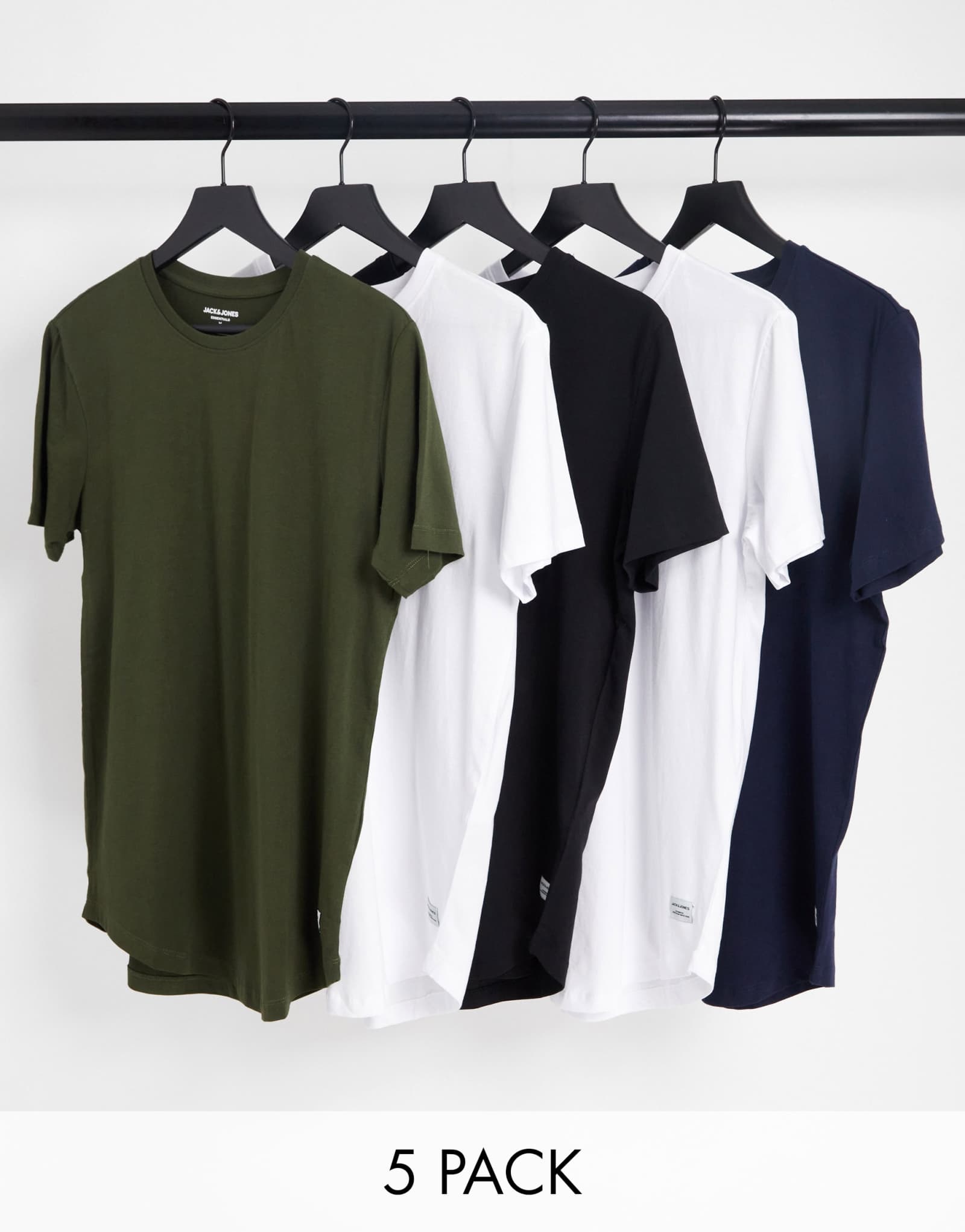 Футболка Jack &Jones 5 pack с удлиненным подолом и круглым вырезом из нескольких цветов 