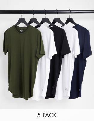 Jack & Jones Jack & Jones 5 pack longline hem crew t-shirt in muiti-Multi