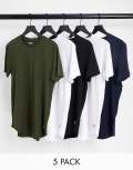 [Jack & Jones] Jack & Jones 5 pack longline hem crew t-shirt in muiti-Multi L White Black Green Na