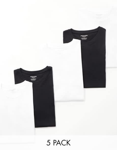 Jack & Jones 5 pack of longline t-shirt with curved hem in black & white - view 1