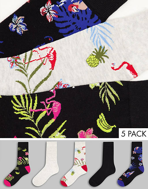Jack & Jones 5 pack socks with bird print in multi