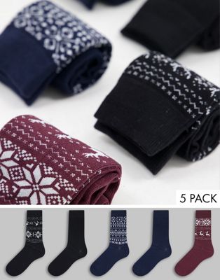 Jack & Jones 5 pack socks with Christmas fairisle print in multi colour