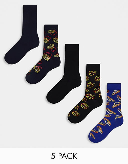 asos.com | Jack & Jones 5 pack socks with fast food print in navy