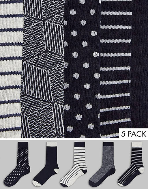 Jack & Jones 5 pack socks with polka dot and stripes in black and grey