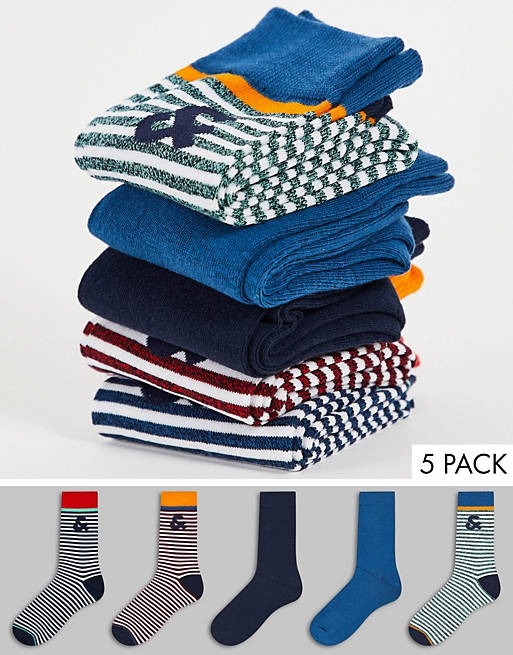 Jack & Jones 5 pack socks with stripes and logo in multi colour