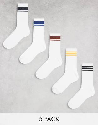 Jack & Jones 5 pack sports socks with bright stripe in white