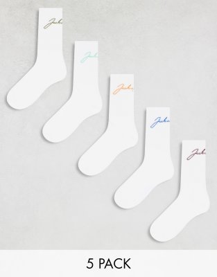 Jack & Jones 5 pack tennis sock with script logo in white 