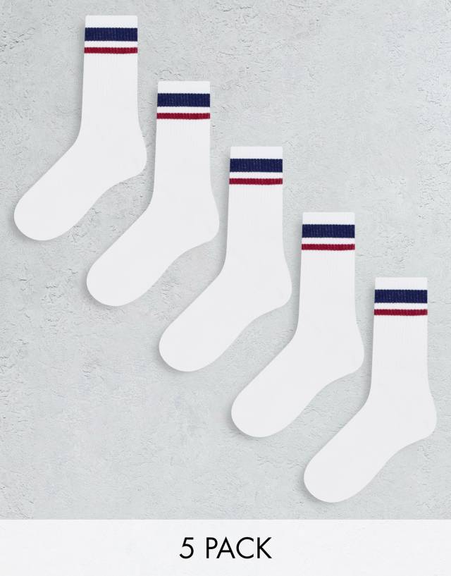 Jack & Jones 5 pack tennis socks in navy and red stripe