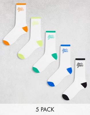 Jack & Jones 5 pack tennis socks with contrast logo in multi