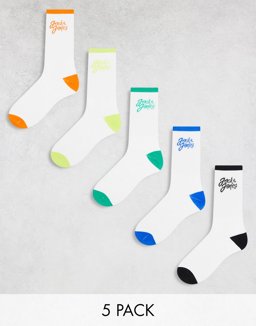 Jack & Jones 5 Pack Tennis Socks With Contrast Logo In Multi-white