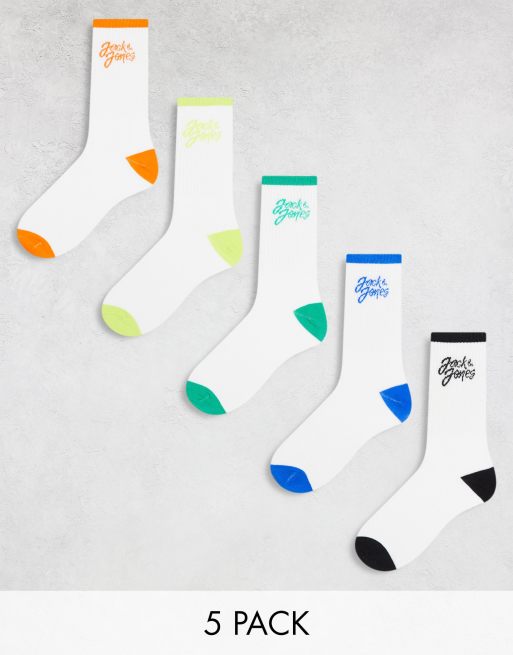 Jack & Jones 5 pack tennis socks with contrast logo in multi 