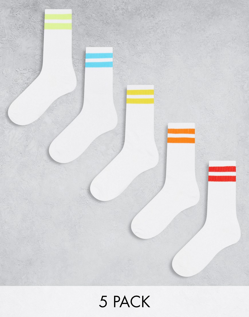 Jack & Jones 5 Pack Tennis Socks With Multi Stripe In White