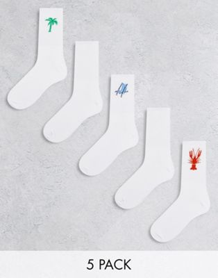 Jack & Jones 5 pack tennis socks with print in white