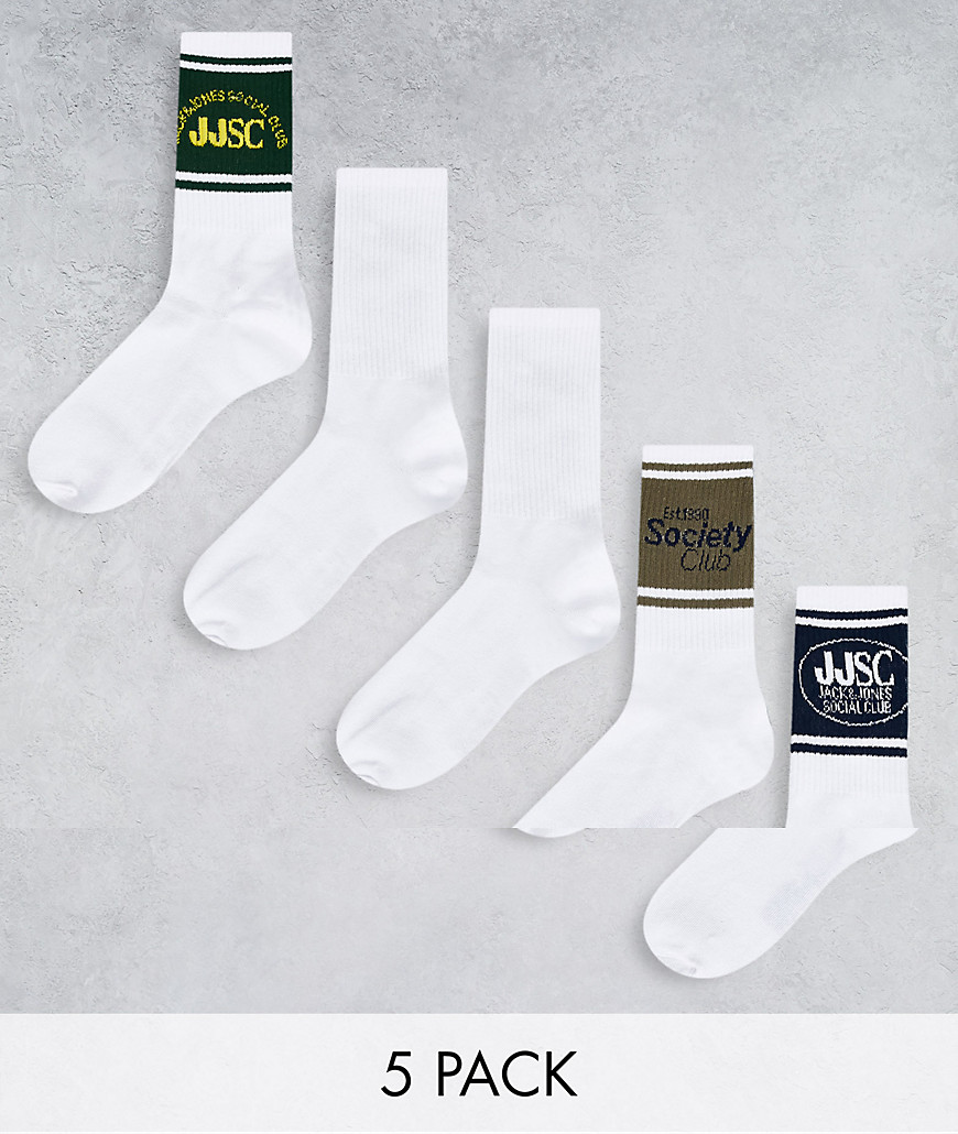 Jack & Jones 5 pack tennis socks with social club print-White