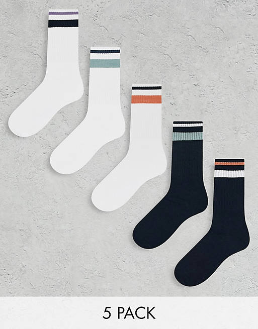 Jack & Jones 5-pack trainer socks with stripes in navy and white | ASOS