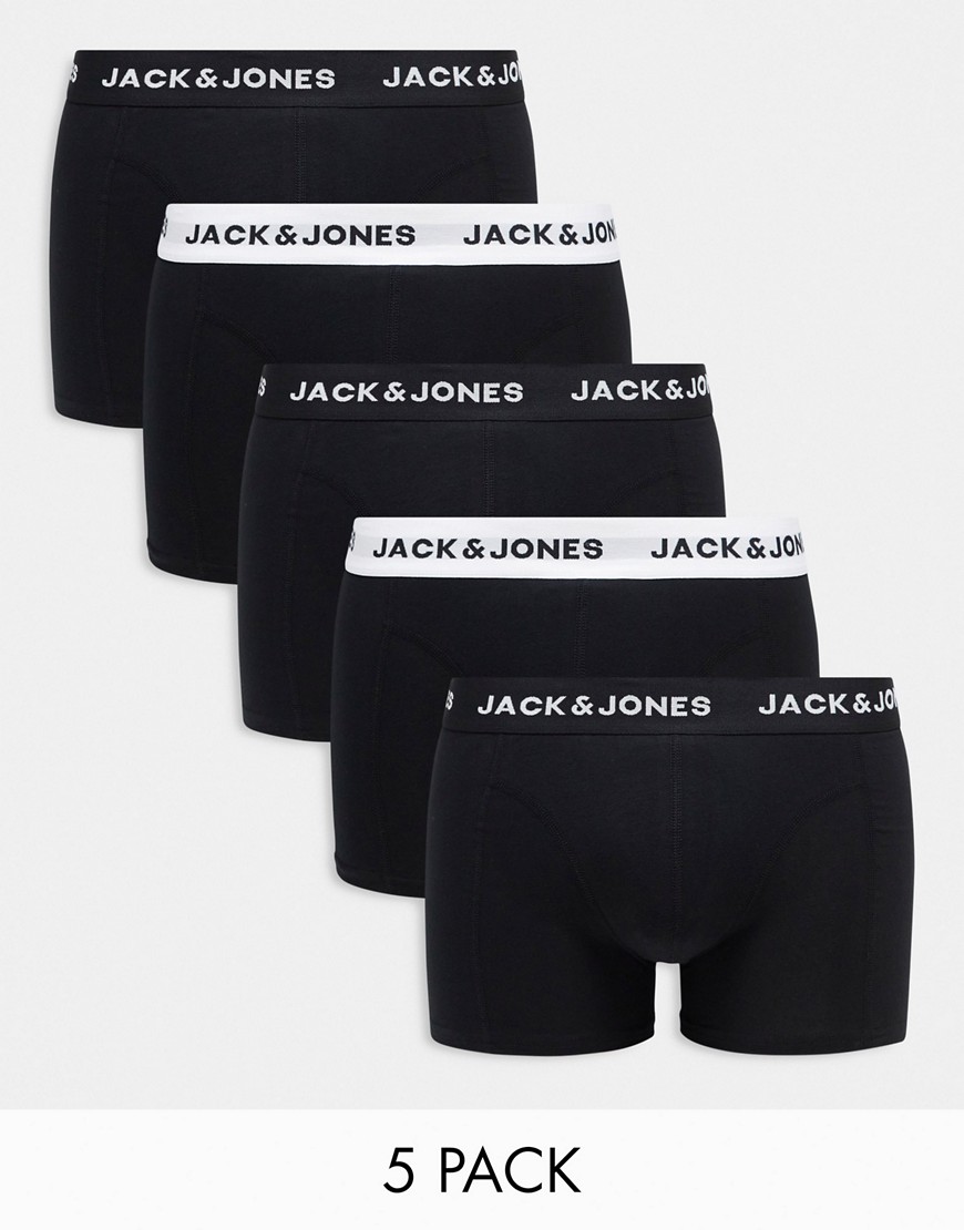 Jack & Jones 5 pack trunks in black and white with logo waistband