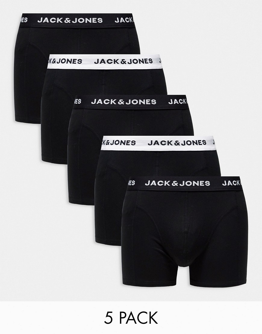 Jack & Jones 5 pack trunks in black with mono waistband