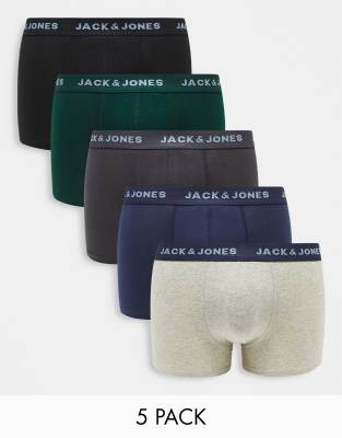 Jack & Jones 5 pack trunks in grey black & navy - ASOS Price Checker