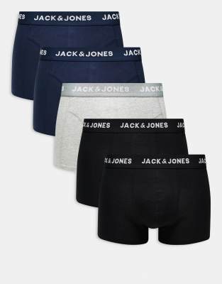 Jack & Jones 5 pack trunks in navy, black and grey-Multi