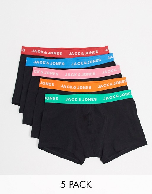 Jack & Jones 5 pack trunks with bright waistbands in black
