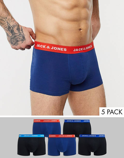 Jack & Jones 5 pack trunks with contrast waistband in black and blue