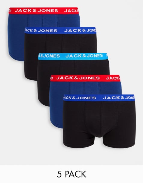 Jack & Jones 5 pack trunks with contrast waistband in black and blue - view 1