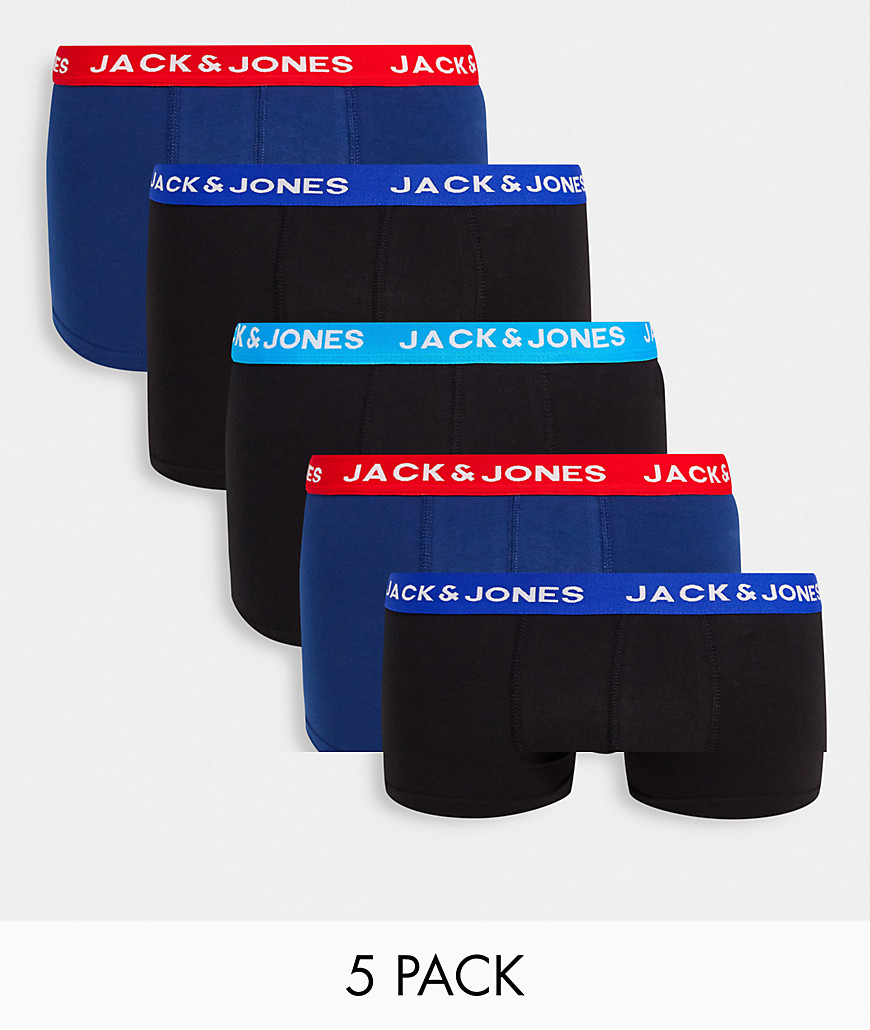 Jack & Jones 5 pack trunks with contrast waistband in black and blue-Multi