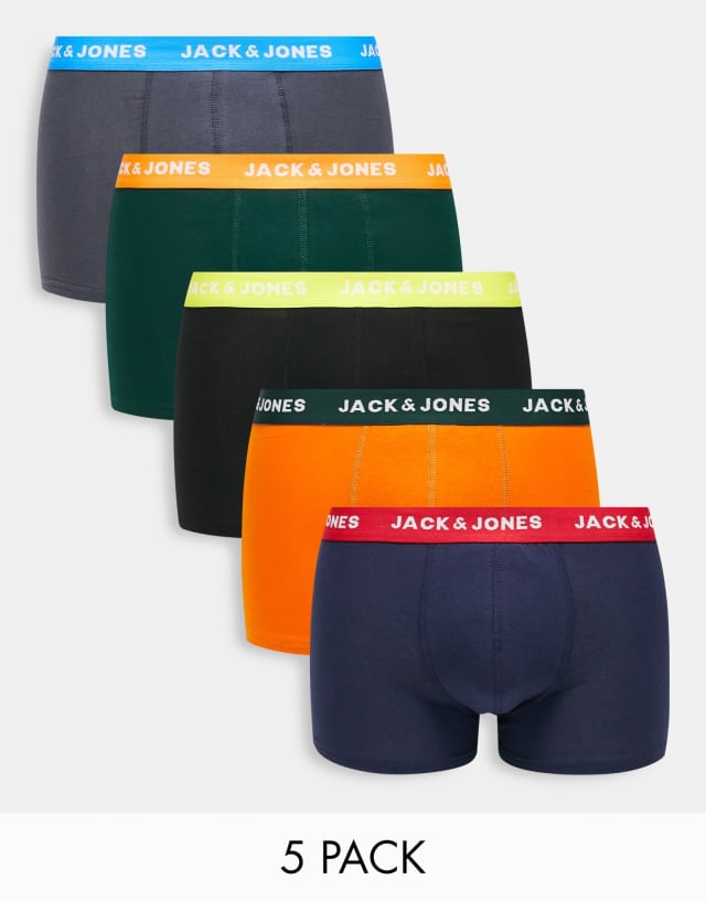 Jack & Jones 5-pack trunks with contrast waistband in charcoal multi