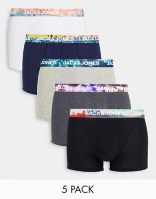 Jack & Jones 5 pack trunks with print waistband in multi  - ASOS Price Checker