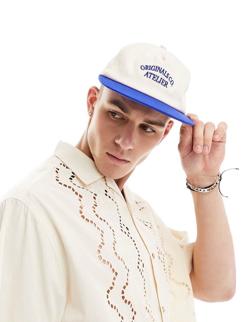 Jack & Jones 5 Panel Cap With Embroidered Logo In Blue In White