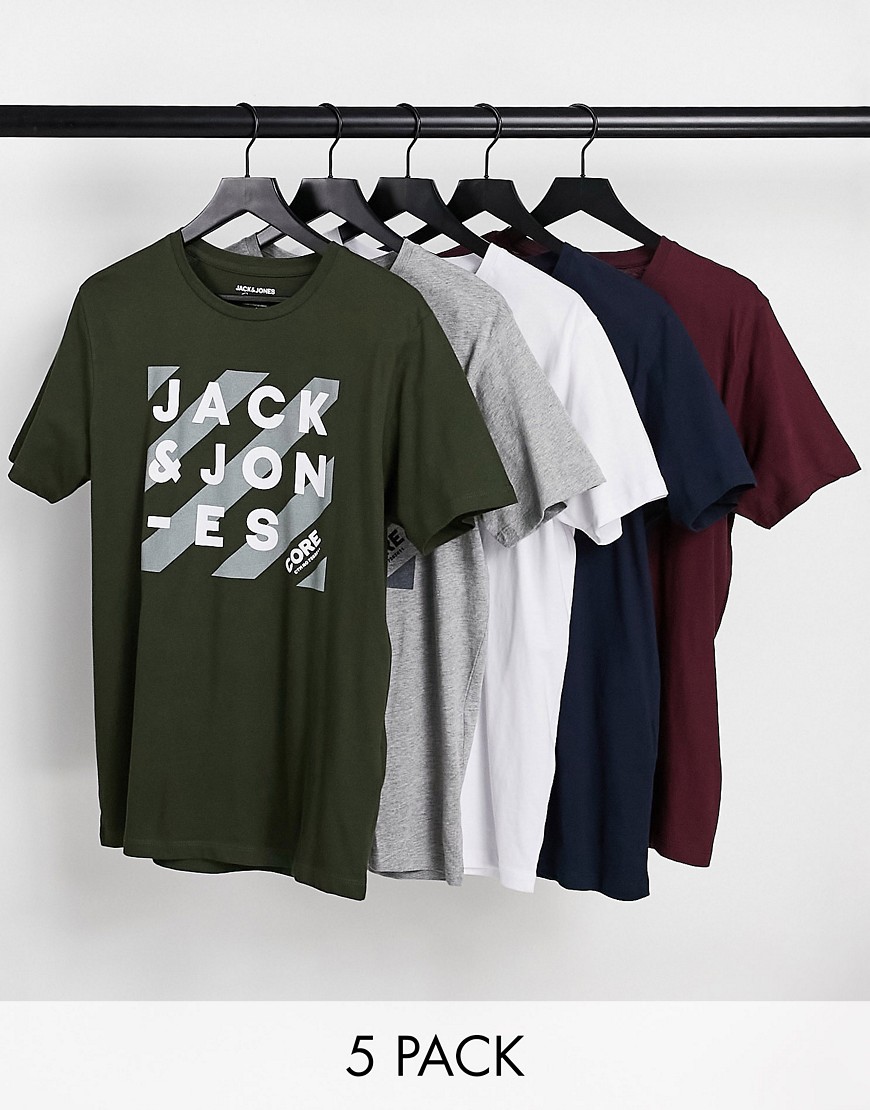 Jack & Jones – 5er-Pack T-Shirts in verschiedenen Farben mit Rundhalsausschnitt-Mehrfarbig